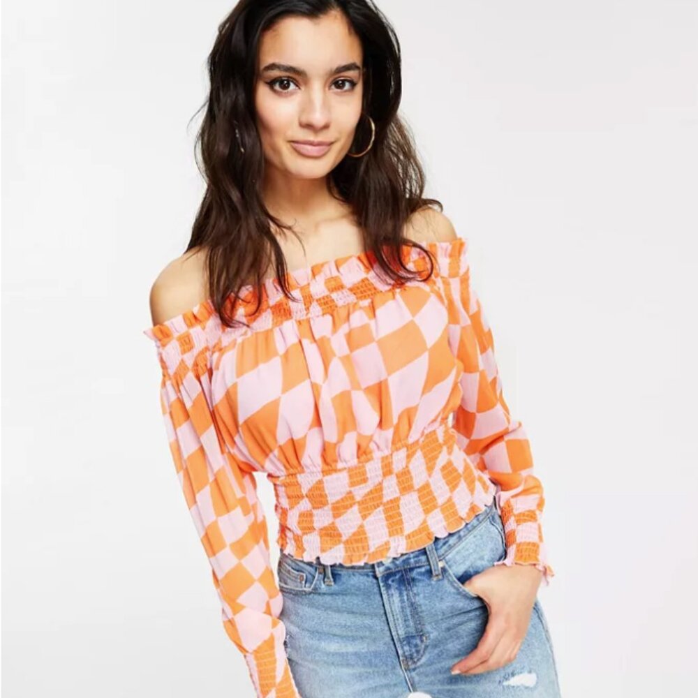 Share Bar III Women’s Smocked Off Shoulder Top Size Large Modern Print Blouse